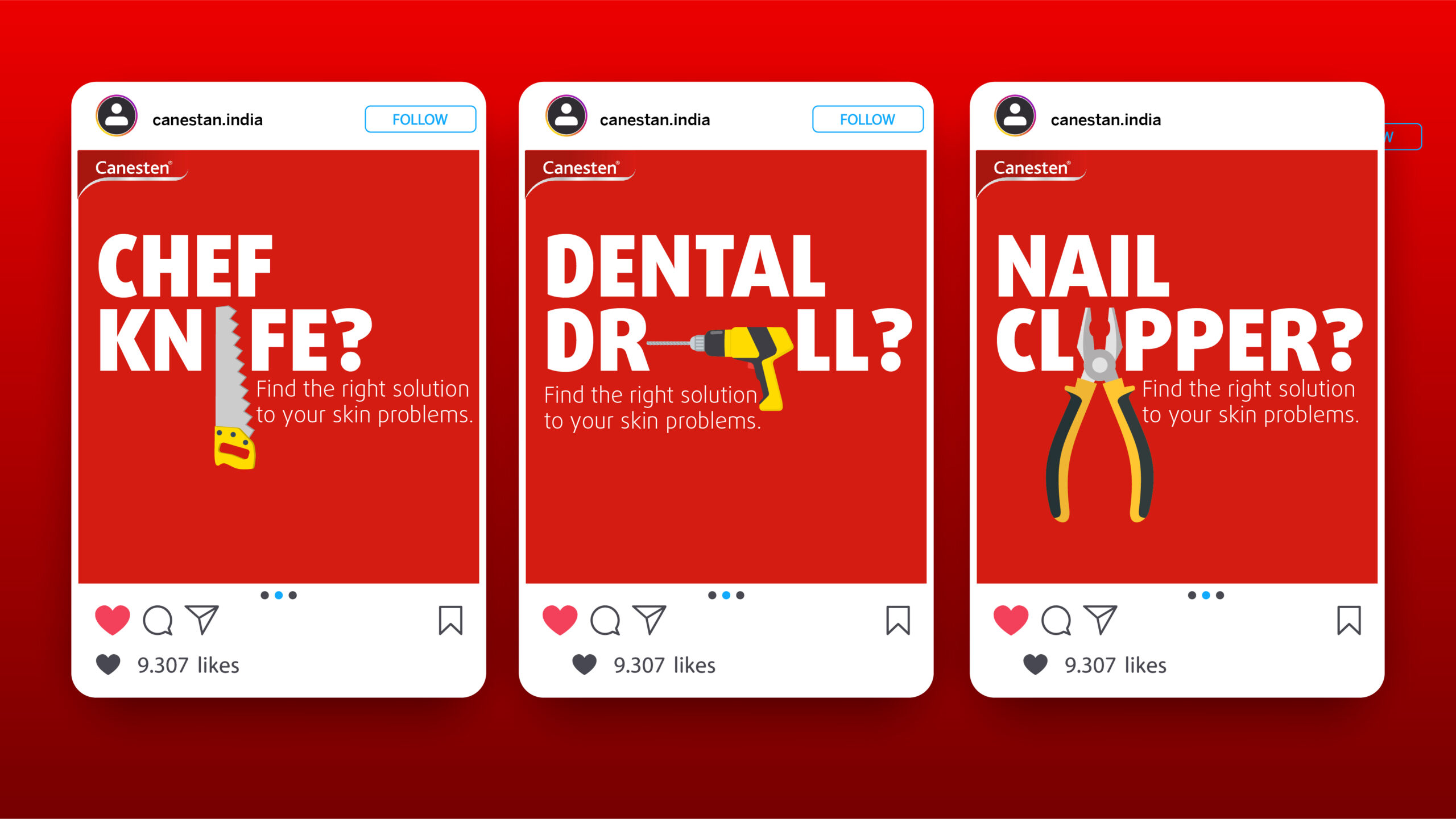 An image showcasing social media creatives for Canesten designed by DesignAnswers, featuring various designs and messaging related to the product. The creatives include bold colors, clear typography, and imagery related to women's health and wellness.